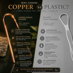Comparison chart between copper and plastic tongue scrapers with benefits listed.