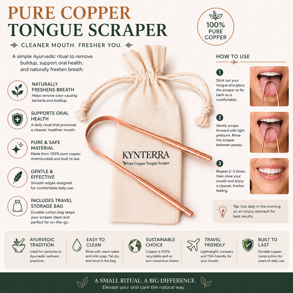 Pure copper tongue scraper with packaging and usage instructions on a white background