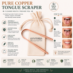 Pure copper tongue scraper with packaging and usage instructions on a white background