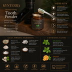 Kynterra Natural Remineralizing Hydroxyapatite tooth powder packaging with benefits and ingredients listed on a dark background