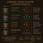 Kynierre tooth powder flavors with descriptive text on a dark background